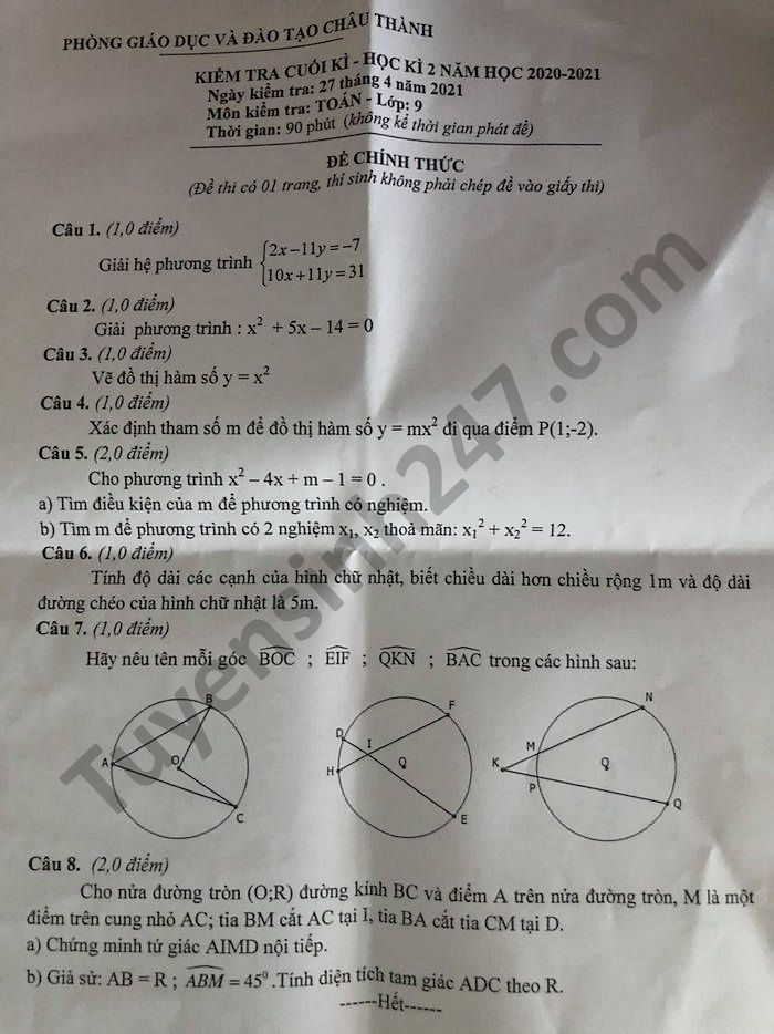 Đề thi học kì 2- Phòng GD Châu Thành năm 2021 môn Toán lớp 9 