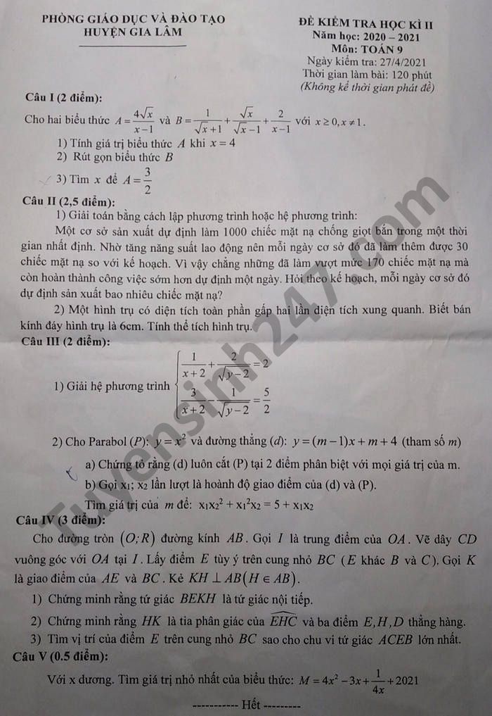 Đề thi học kì 2 huyện Gia Lâm năm 2021 môn Toán lớp 9