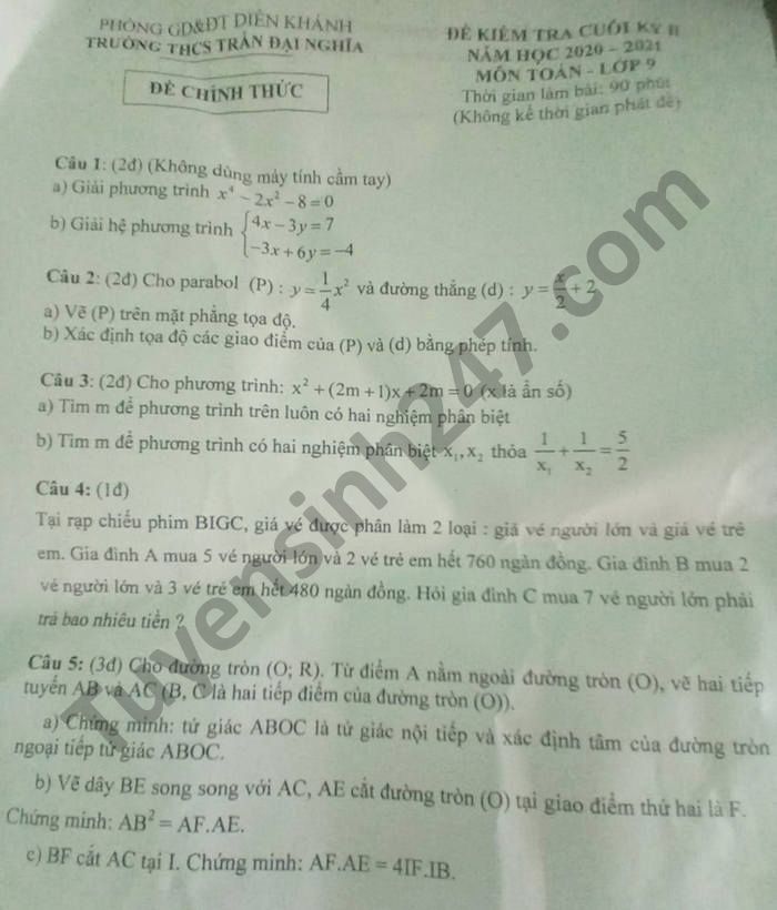 Đề thi học kì 2 THCS Trần Đại Nghĩa năm 2021 môn Toán lớp 9