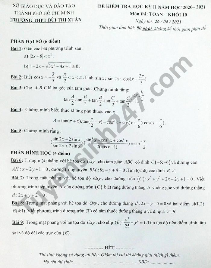 Đề thi học kì 2 THPT Bùi Thị Xuân năm 2021 môn Toán lớp 10 