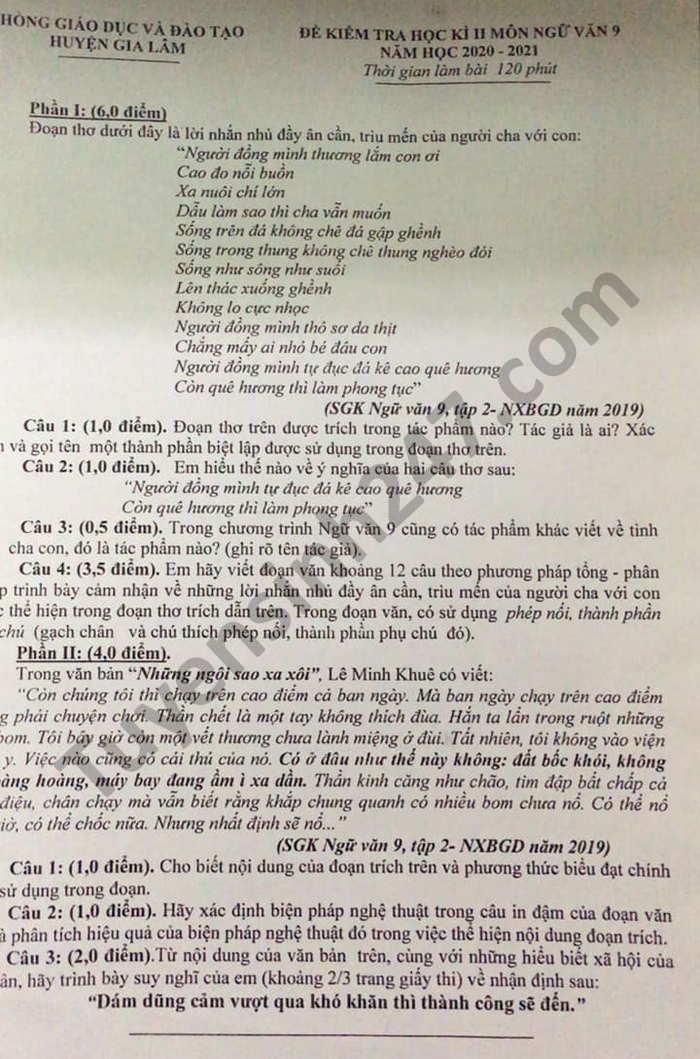 Đề thi học kì 2 năm 2021 môn Văn lớp 9 - Huyện Gia Lâm