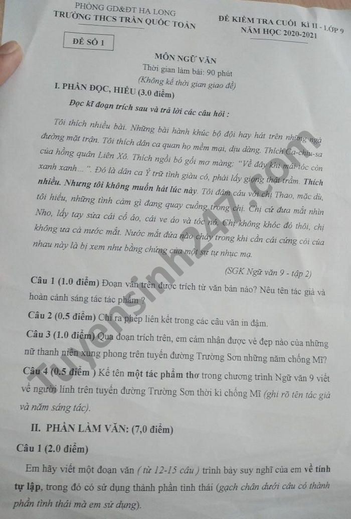 Đề thi học kì 2 năm 2021 môn Văn lớp 9 THCS Trần Quốc Toản