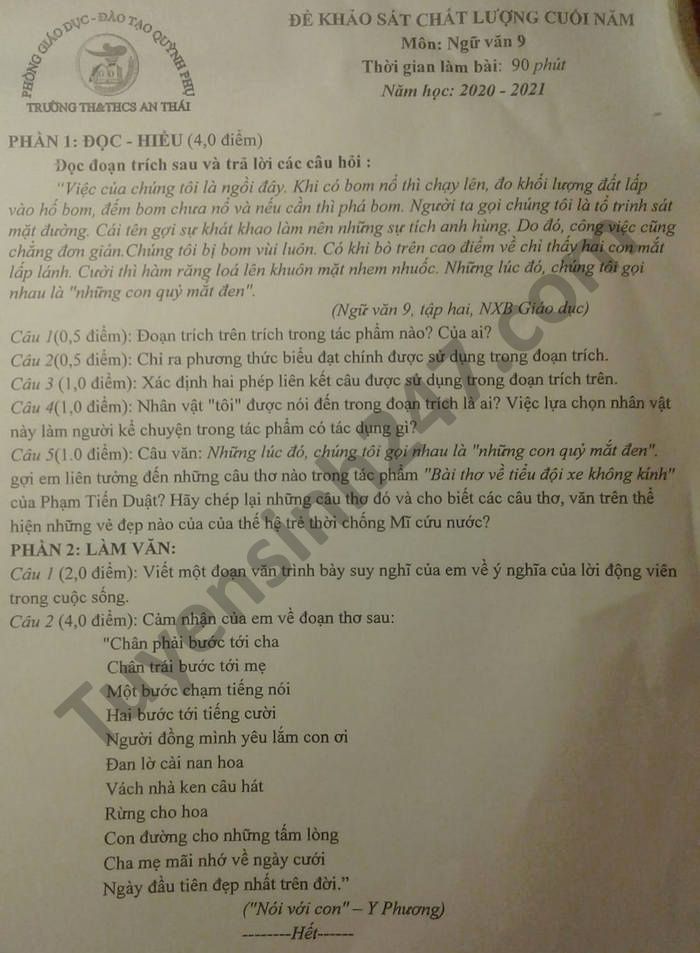 Đề thi học kì 2 TH-THCS An Thái năm 2021 môn Văn lớp 9