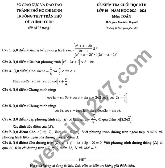 Đề thi kì 2 năm 2021 Toán lớp 10 - THPT Trần Phú