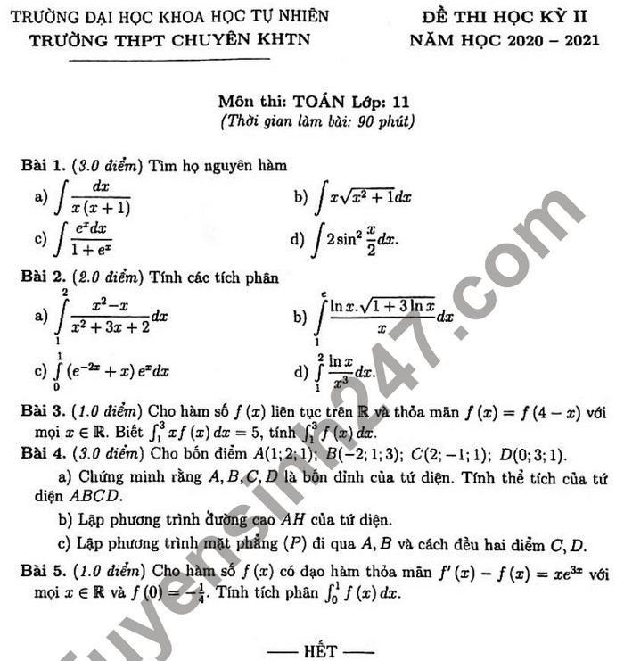 Đề thi kì 2 năm 2021 Toán lớp 11 - THPT Chuyên KHTN