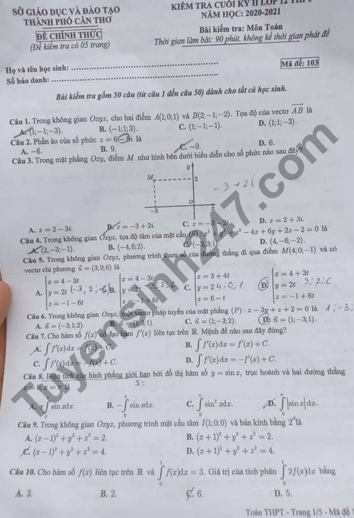 Đề thi học kì 2 năm 2021 môn Toán lớp 12 - TP Cần Thơ