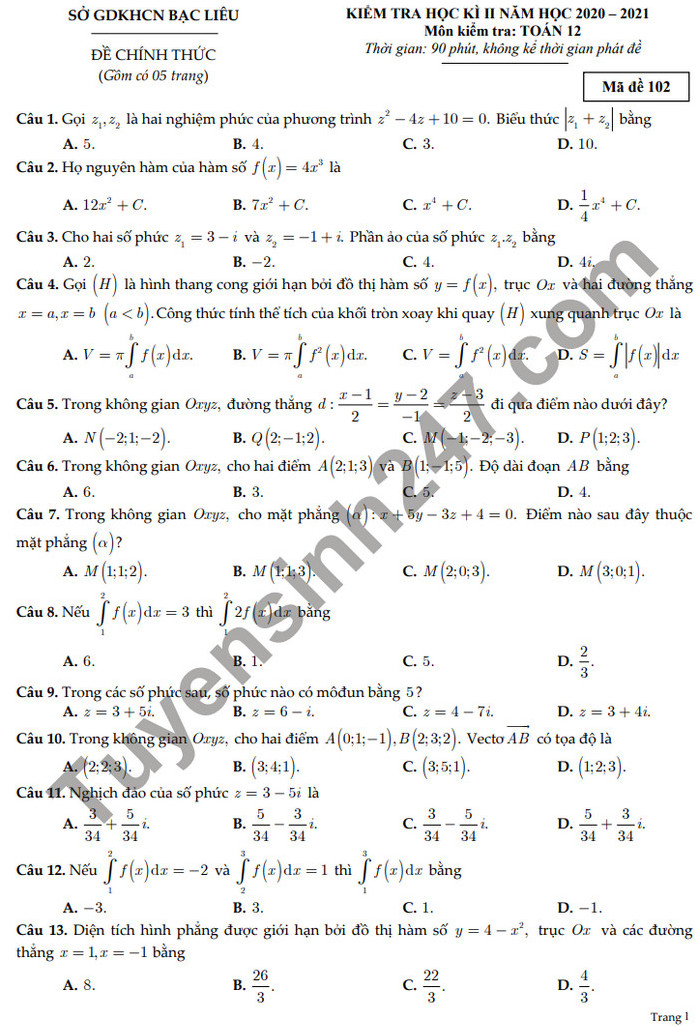 Đề thi học kì 2 môn Toán lớp 12 - Sở GDKHCN Bạc Liêu 2021