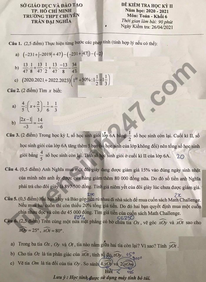 Đề thi kì 2 Toán lớp 6 - THPT Chuyên Trần Đại Nghĩa 2021