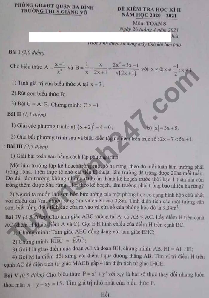 Đề thi kì 2 năm 2021 Toán lớp 8 - THCS Giảng Võ