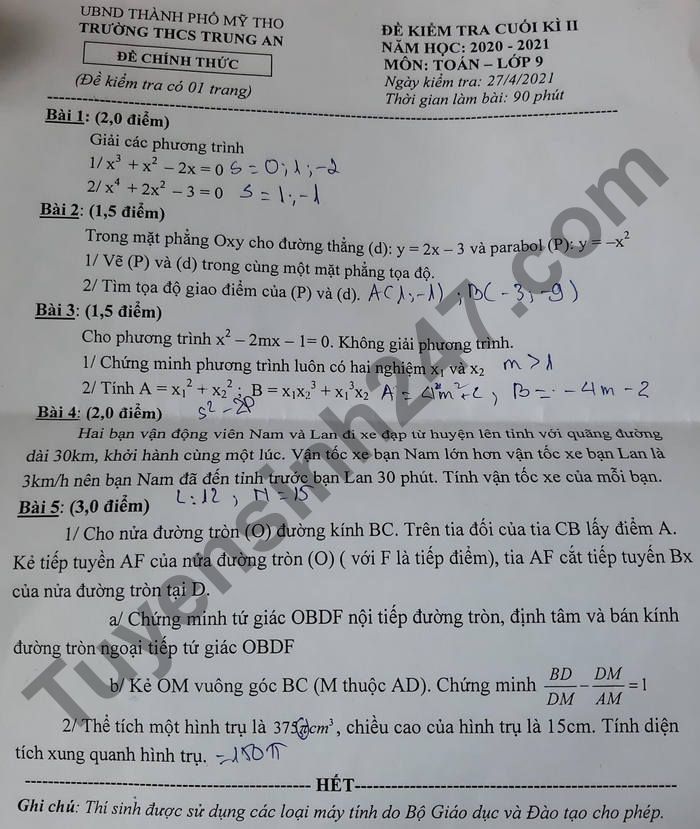 Đề thi học kì 2 năm 2021 THCS Trung An lớp 9 môn Toán