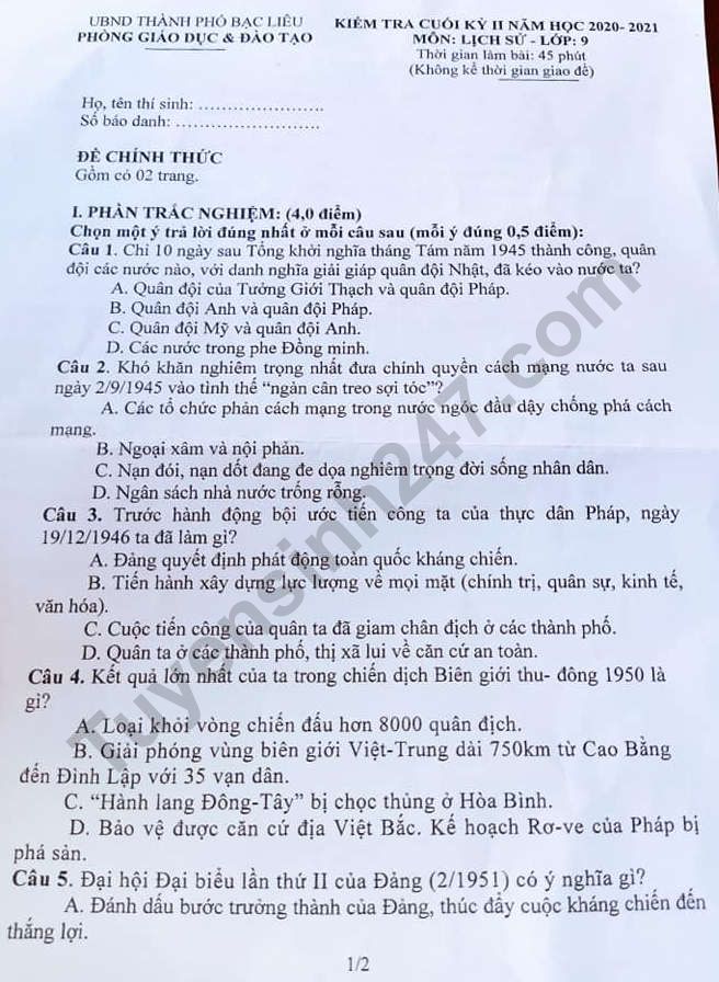 Đề thi kì 2 lớp 9 môn Văn - TP Bạc Liêu 2021