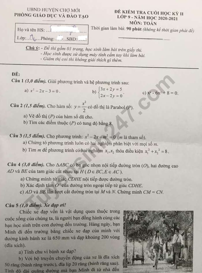 Đề thi kì 2 lớp 9 môn Toán Phòng GD Chợ Mới 2021