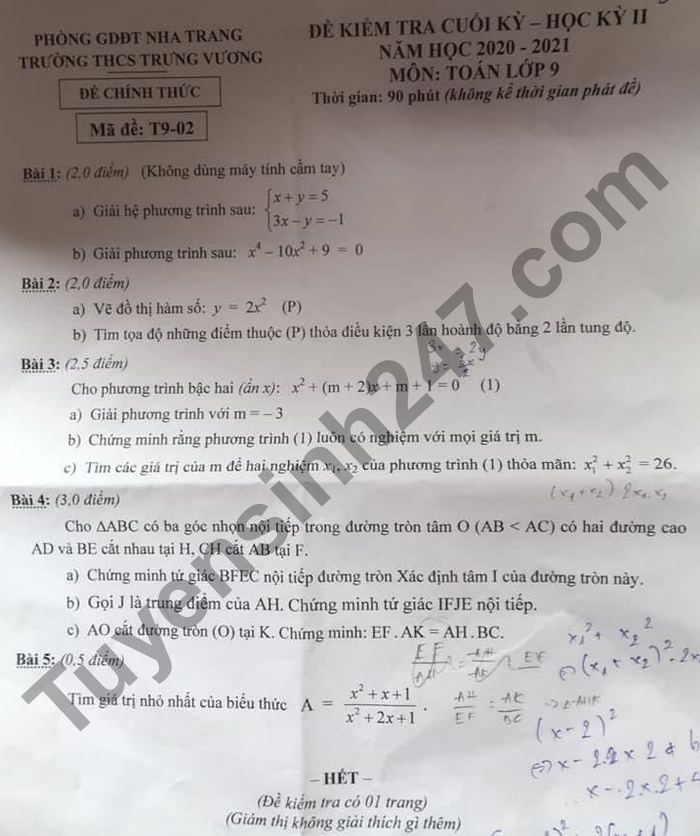 Đề thi học kì 2 môn Toán 9 - THCS Trưng Vương 2021