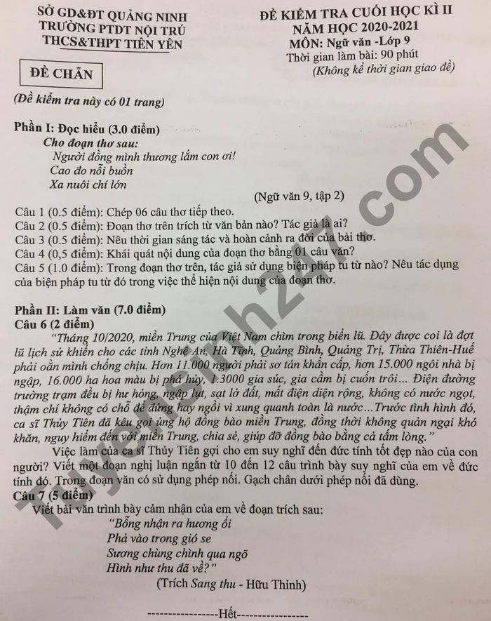 Đề thi học kì 2 năm 2021 lớp 9 môn Văn - THCS&THPT Tiên Yên