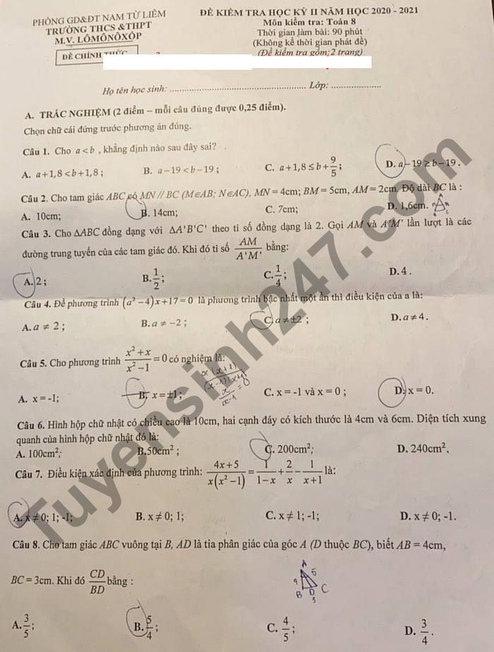 Đề thi kì 2 năm 2021 lớp 8 môn Toán - THCS&THPT M.V.Lômônôxốp