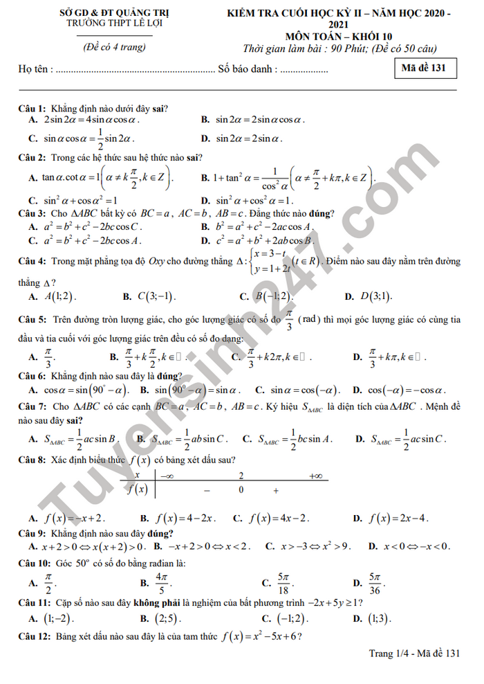Đề thi học kì 2 năm 2021 THPT Lê Lợi môn Toán lớp 10 