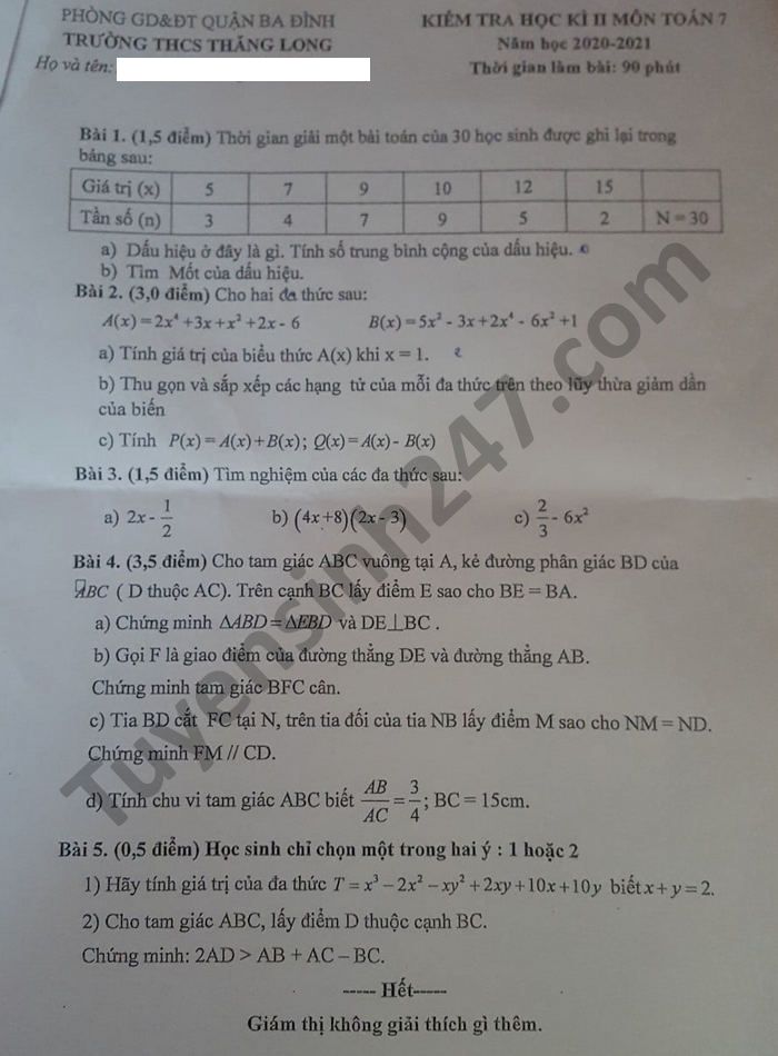 Đề kiểm tra học kì 2 năm 2021 môn Toán lớp 7 THCS Thăng Long