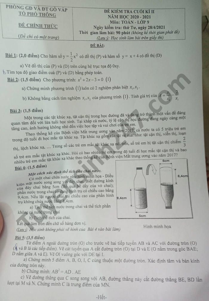 Đề thi học kì 2 Phòng GD Gò Vấp năm 2021 môn Toán lớp 9