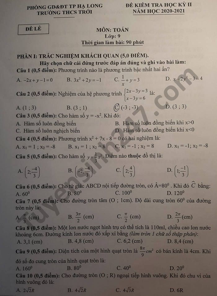 Đề thi học kì 2 THCS Trới năm 2021 môn Toán lớp 9