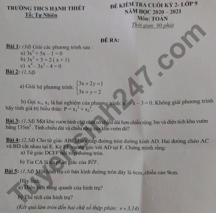 Đề thi học kì 2 môn Toán lớp 9 năm 2021 - THCS Hạnh Thiết