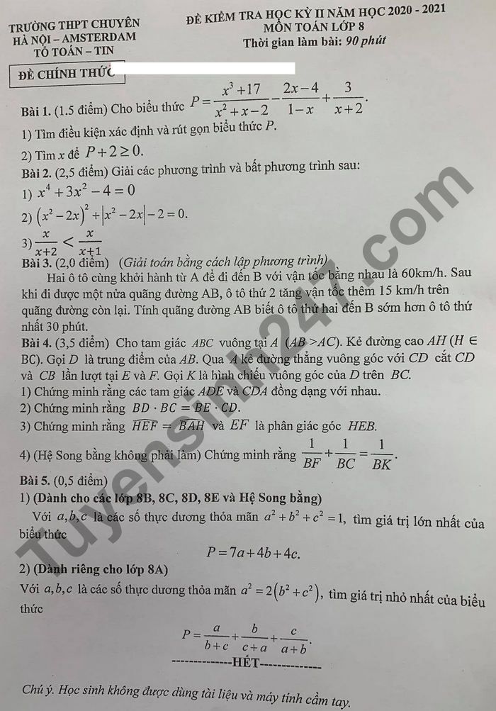 Đề thi kì 2 năm 2021 lớp 8 môn Toán - THPT Chuyên Hà Nội-Amsterdam