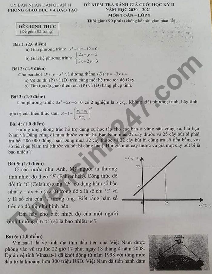 Đề thi kì 2 lớp 9 môn Toán - Quận 11 năm 2021