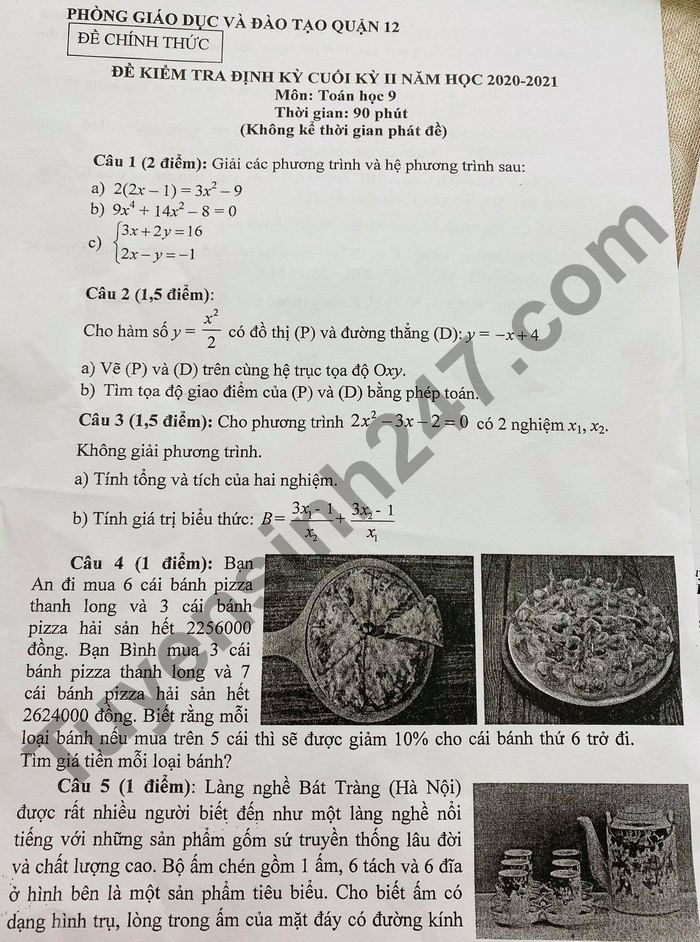 Đề thi cuối kì 2 năm 2021 Quận 12 lớp 9 môn Toán