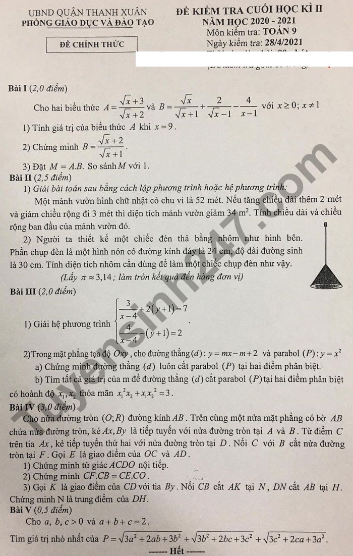 Đề thi cuối kì 2 năm 2021 lớp 9 môn Toán - Quận Thanh Xuân