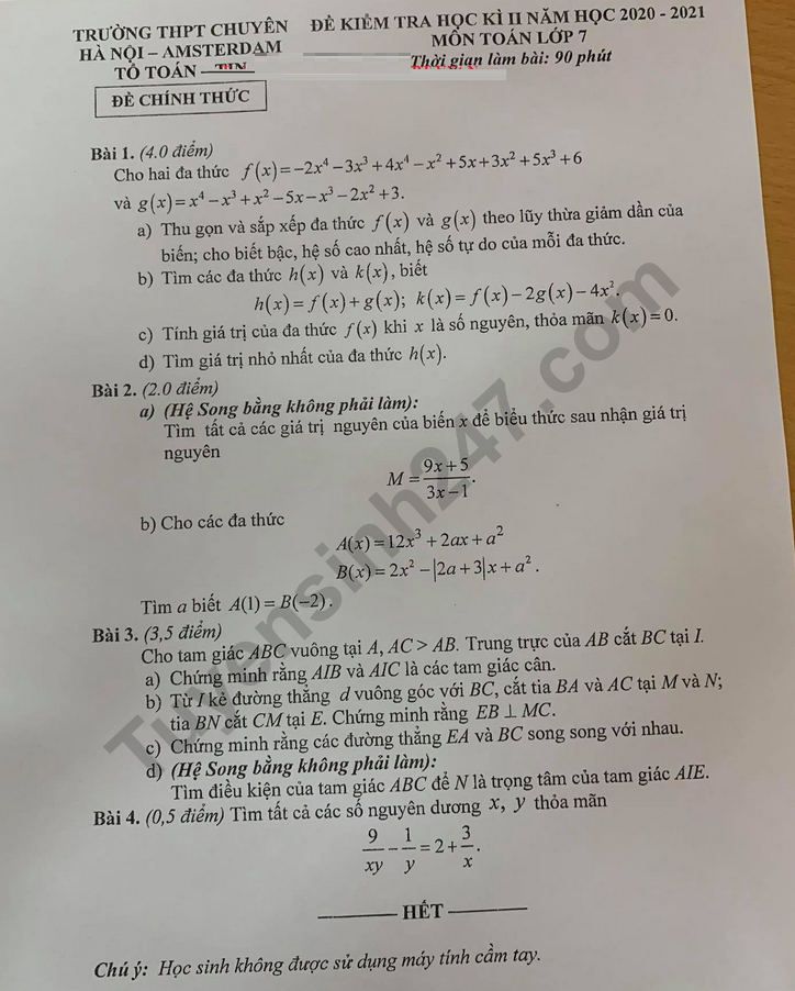 Đề thi kì 2 lớp 7 môn Toán - Chuyên Amsterdam 2021