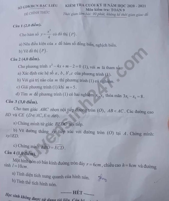 Đề thi kì 2 môn Toán lớp 9 năm 2021 - Sở GD Bạc Liêu
