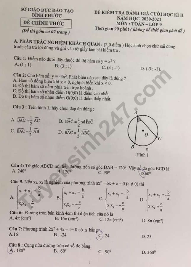 Đề thi kì 2 lớp 9 môn Toán - Sở GD Bình Phước 2021