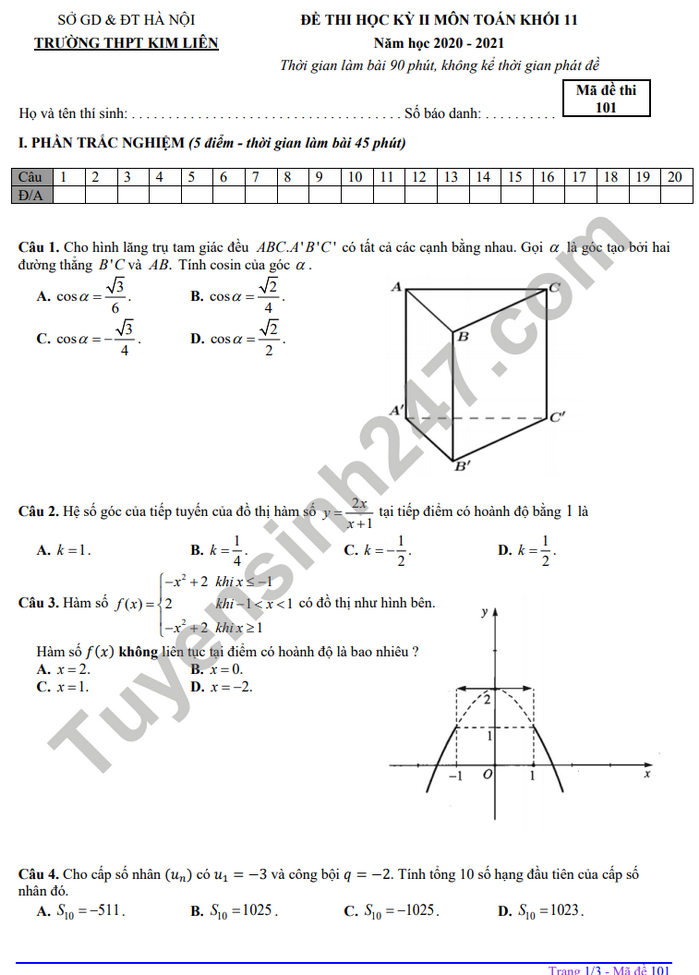 Đề thi học kì 2 THPT Kim Liên môn Toán lớp 11 năm 2021