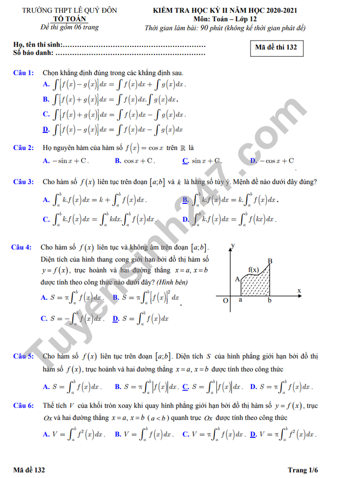 Đề thi học kì 2 THPT Lê Quý Đôn năm 2021 môn Toán lớp 12