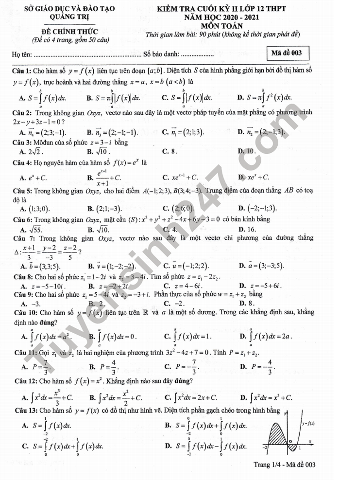 Đề thi học kì 2 năm 2021 tỉnh Quảng Trị môn Toán lớp 12 