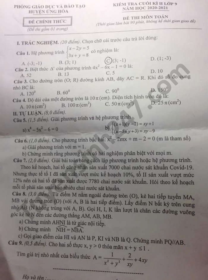 Đề thi học kì 2 huyện Ứng Hòa năm 2021 môn Toán lớp 9 