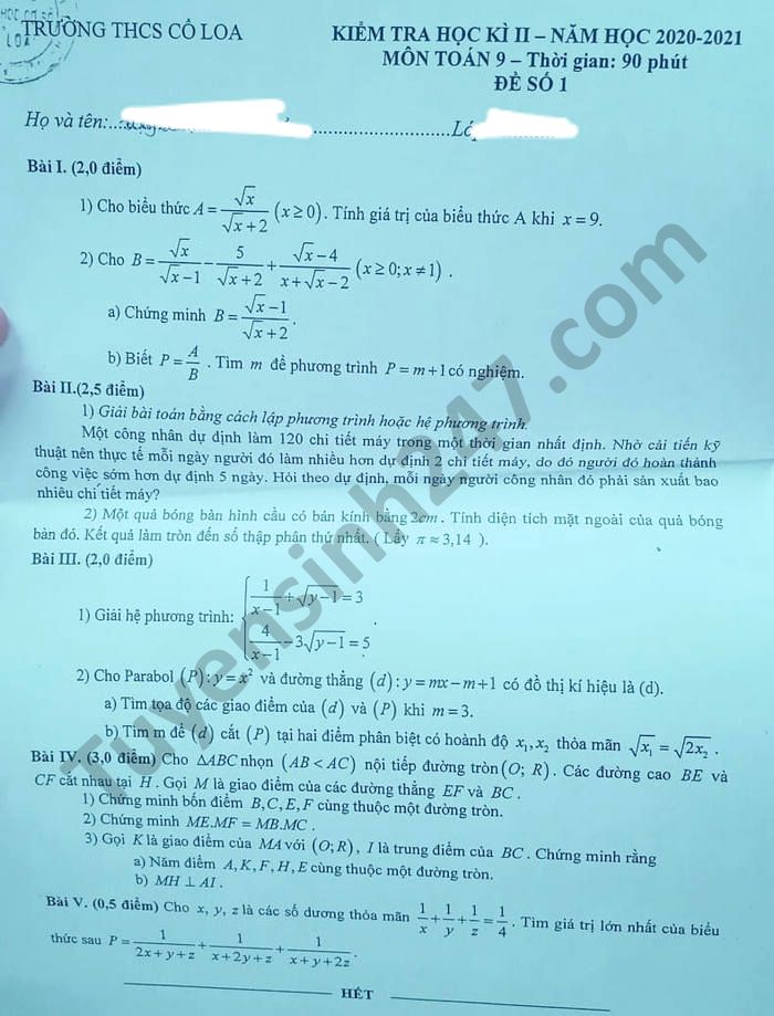 Đề thi học kì 2 môn Toán lớp 9 THCS Cổ Loa năm 2021 