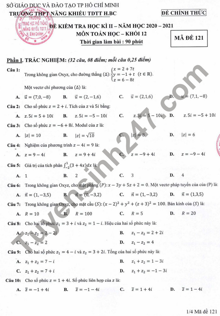 Đề thi kì 2 lớp 12 môn Toán - THPT Năng khiếu TDTT Bình Chánh 2021