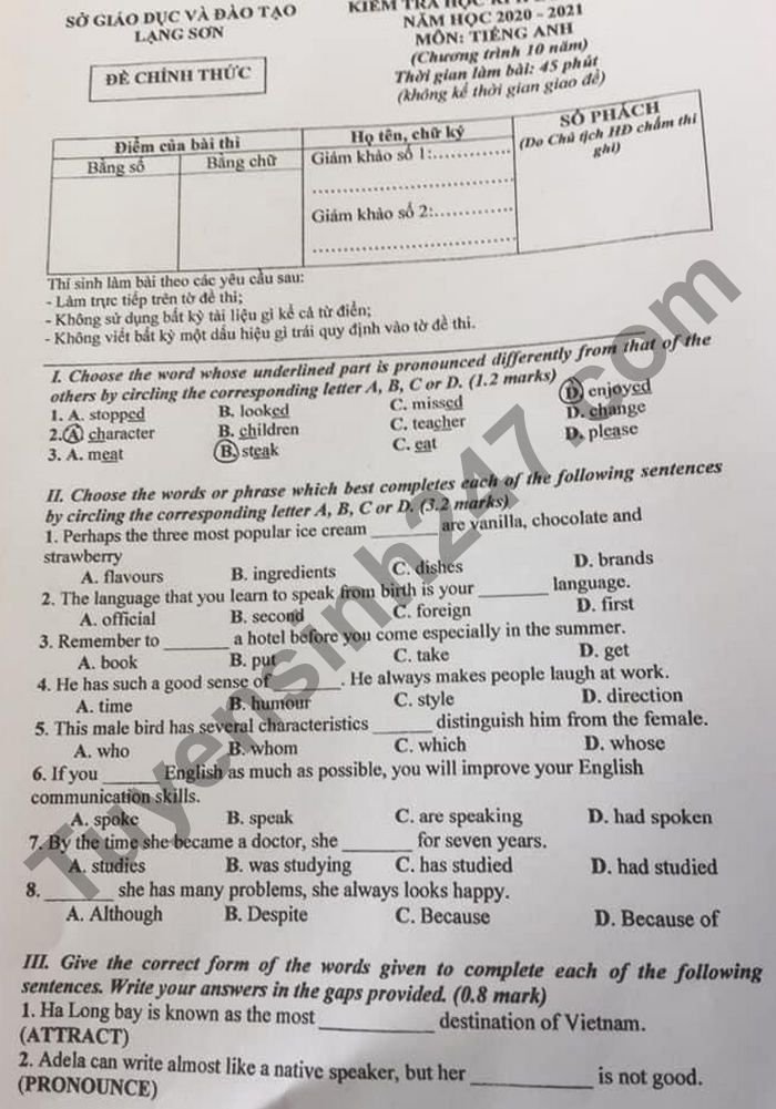 Đề thi học kì 2 năm 2021 Sở GD Lạng Sơn lớp 9 môn Anh