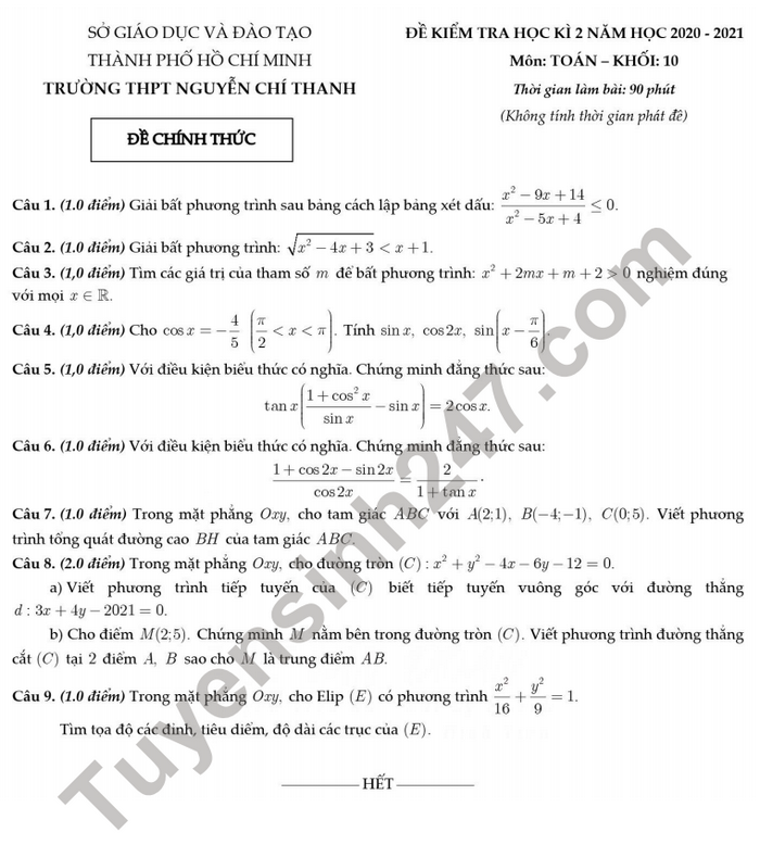 Đề thi học kì 2 THPT Nguyễn Chí Thanh năm 2021 môn Toán lớp 10