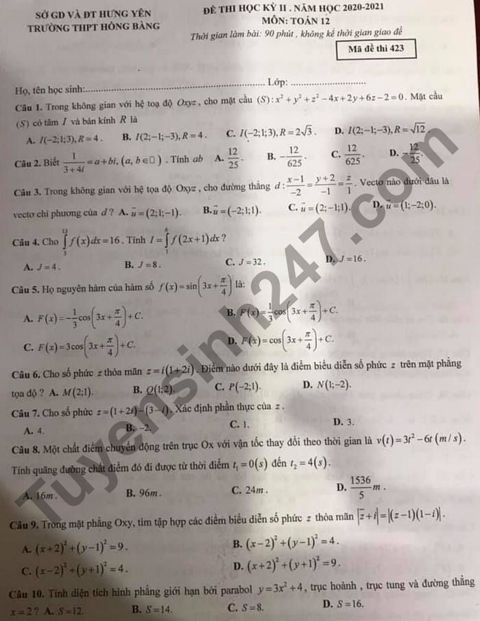 Đề thi kì 2 năm 2021 lớp 12 môn Toán - THPT Hồng Bàng