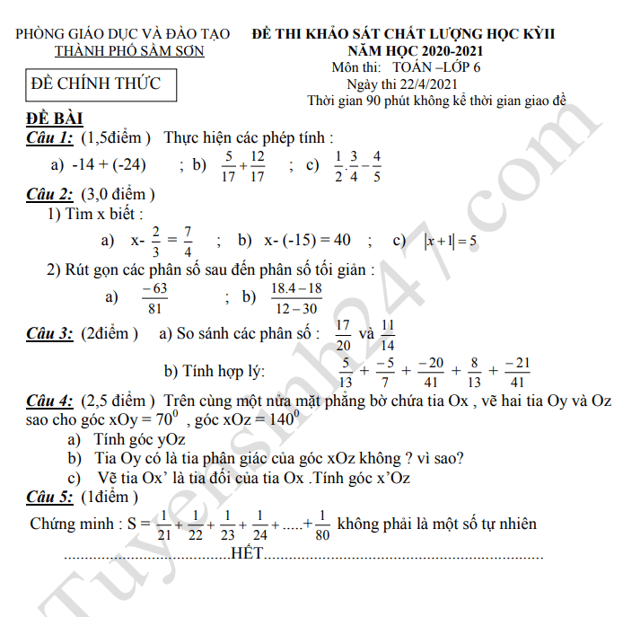 Đề thi kì 2 lớp 6 năm 2021 môn Toán - Phòng GD Sầm Sơn