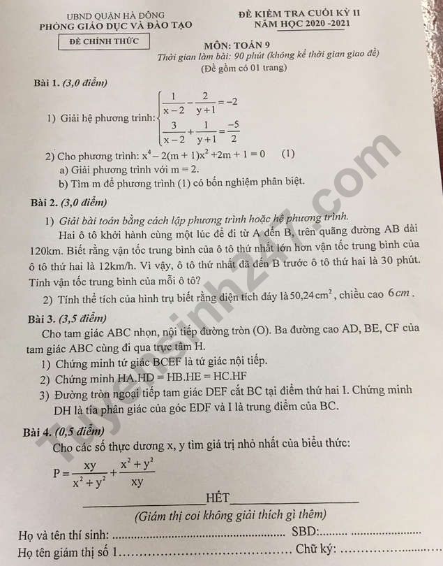 Đề thi kì 2 lớp 9 môn Toán 2021 - Quận Hà Đông