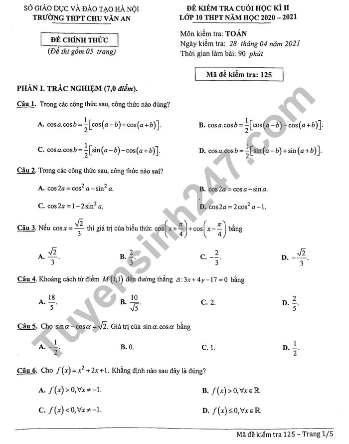 Đề thi học kì 2 năm 2021 THPT Chu Văn An môn Toán lớp 10 