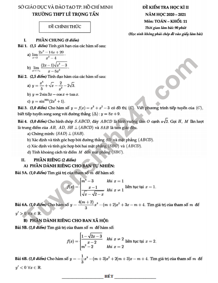 Đề thi học kì 2 năm 2021 môn Toán lớp 11 THPT Lê Trọng Tấn
