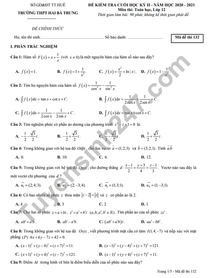 Đề thi học kì 2 môn Toán lớp 12 năm 2021 THPT Hai Bà Trưng