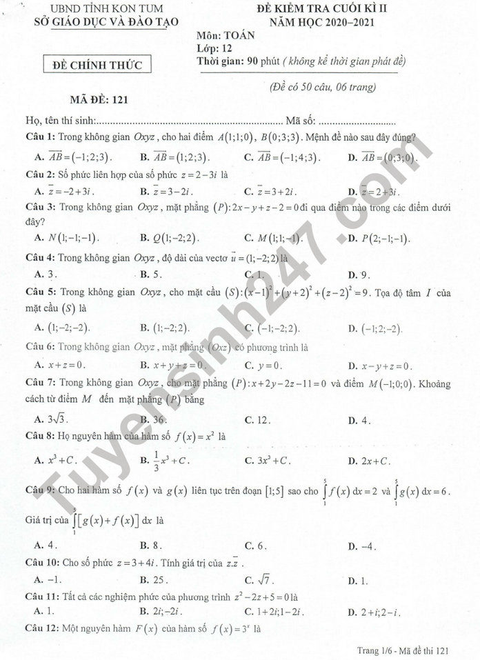 Đề thi học kì 2 môn Toán lớp 12 tỉnh Kon Tum năm 2021 