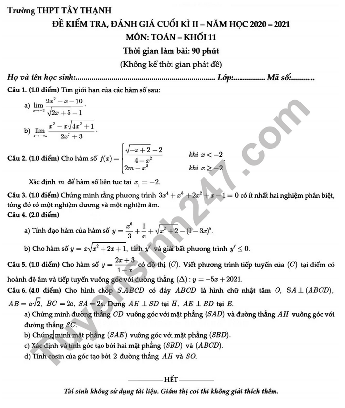 Đề thi học kì 2 THPT Tây Thạnh năm 2021 môn Toán lớp 11
