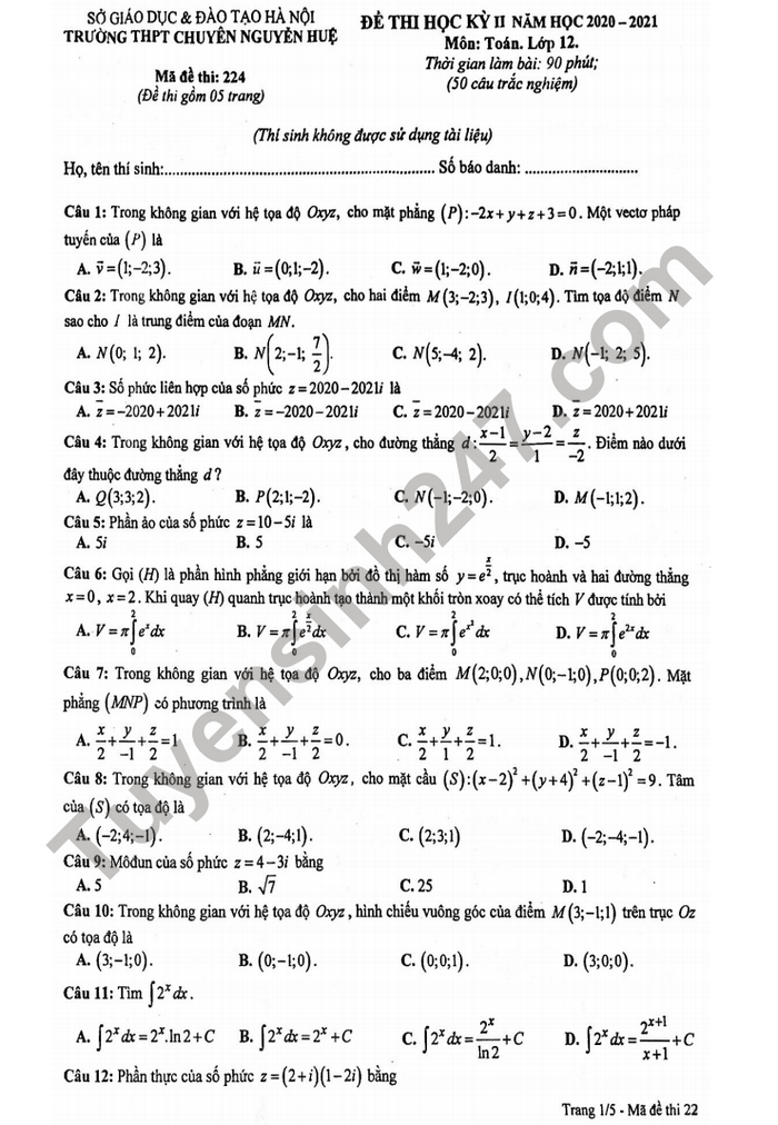 Đề thi học kì 2 năm 2021 môn Toán lớp 12 THPT chuyên Nguyễn Huệ 