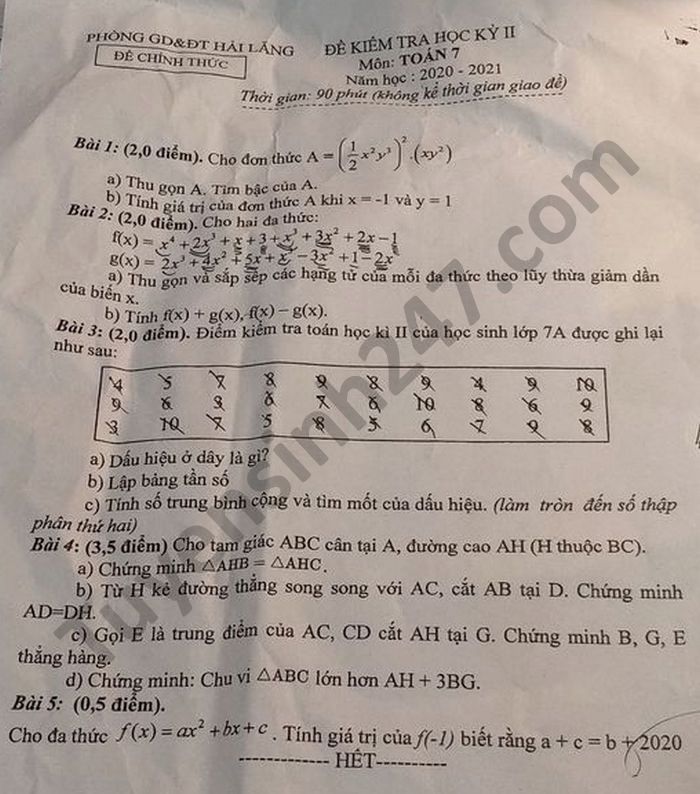 Đề thi học kì 2 Phòng GD Hải Lăng năm 2021 môn Toán lớp 7