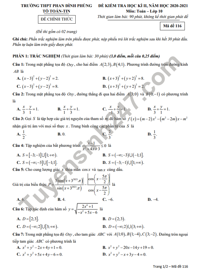 Đề thi học kì 2 môn Toán lớp 10 năm 2021 THPT Phan Đình Phùng